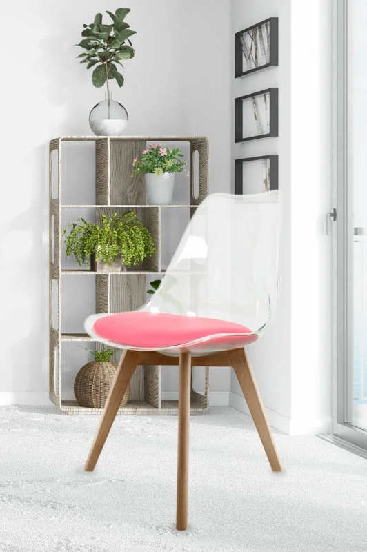 Image of Fusion Living Soho Clear Plastic Dining Chair with Squared Light Wood Legs in Bright Pink Bright Pink Unisex