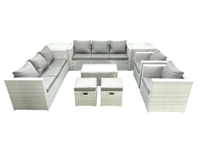 Image of Fimous Outdoor Rattan Sofa Garden Furniture Set with 2 Armchairs Oblong Coffee Table 2 Small Footstools 2 Side Tables Light Grey Mixed Light Grey