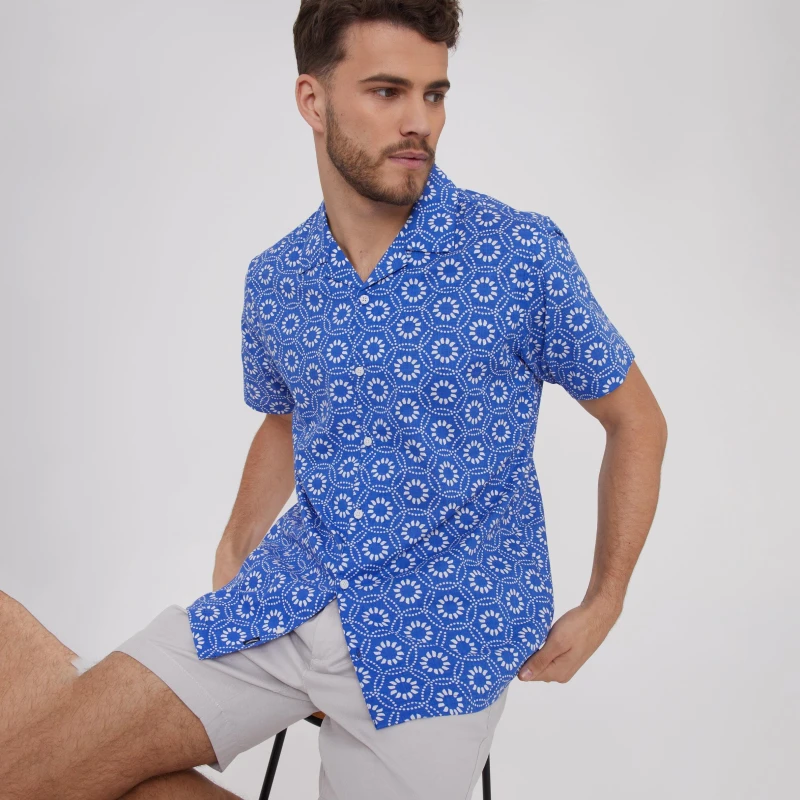 Image of Threadbare 'Tribal' Short Sleeve Floral Print Cotton Shirt Blue