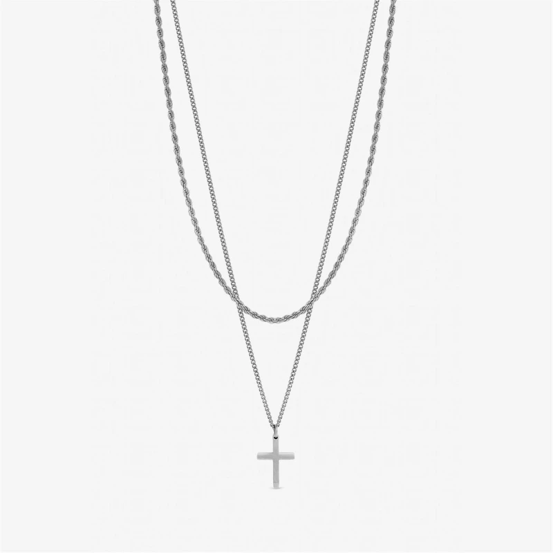 Image of Inicio Mens Waterproof 2 row Cross Necklace - Gift Pouch Silver male One Size