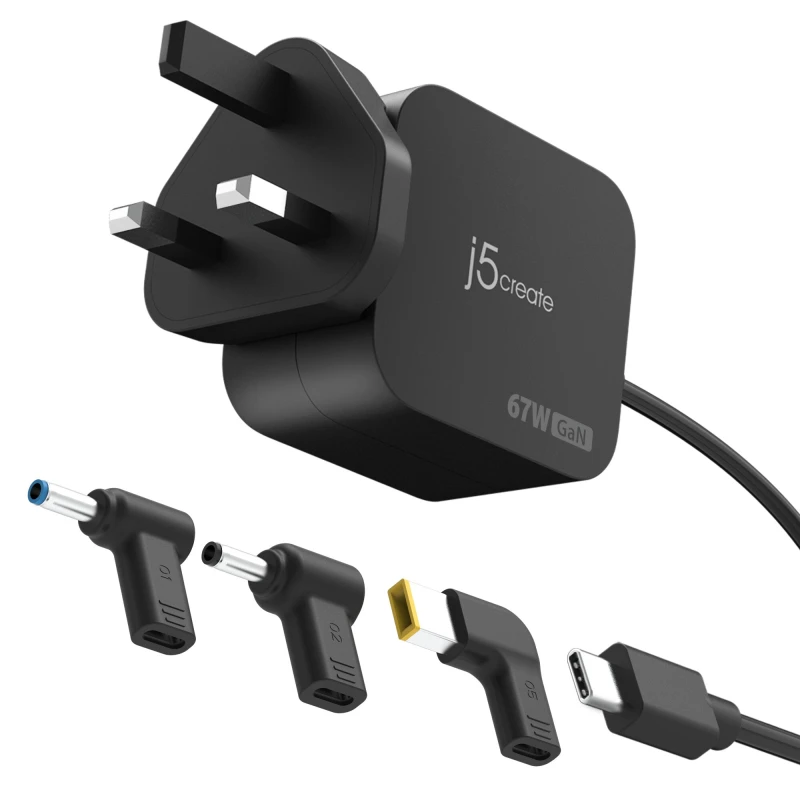 Image of j5 create j5create JUP1565DCF3A-FN 67W GaN PD USB-C Mini Charger with 3 Types of DC Connector - UK JUP1565DCF3A-FN