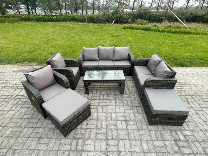 Image of Fimous Rattan Wicker Garden Furniture Patio Conservatory Sofa Set with Rectangular Coffee Table Reclining Chair 2 Big Footstool 3 Seater Sofa Dark Gre