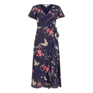 Image of Yumi Navy Satin Crane Print Wrap Dress - Blue