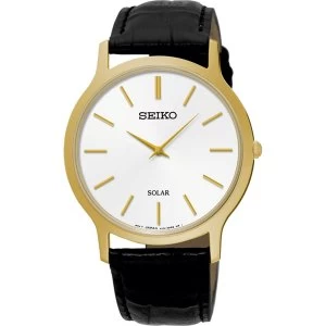 Image of Seiko SUP872P1 Solar Movement Black Leather Strap Watch with White Dial