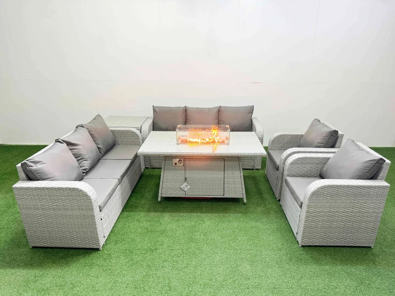 Image of Fimous PE Rattan High Back Lounge Sofa Set Patio Firepit Dining Table & Chairs Set with 3 Seater Sofa Reclining Chair Side Table Light Grey Light Grey