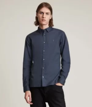 Image of AllSaints Mens Hawthorne Stretch Fit Shirt, Deep Space Blue, Size: XS