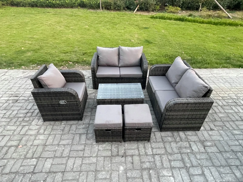 Image of Fimous High Back Rattan Garden Furniture Set with Loveseat Sofa Rectangular Coffee Table 2 Small Footstools Indoor Outdoor Patio Lounge Sofa Set Dark