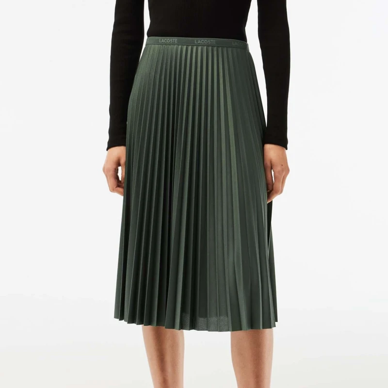 Image of Lacoste Elastic Waist Fluid Pleated Skirt - Green Green S