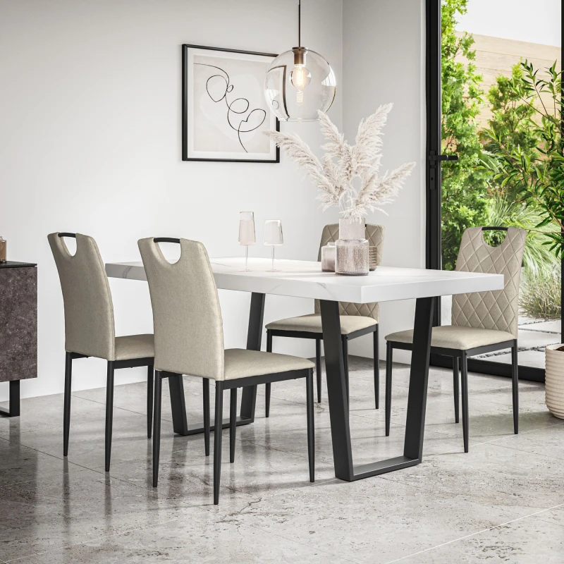 Image of More4Homes Aria Dining Table And Chairs - White Marble Effect Table Top W Black Legs + Monza Linen Dining Chair Set Of 4 (Beige)