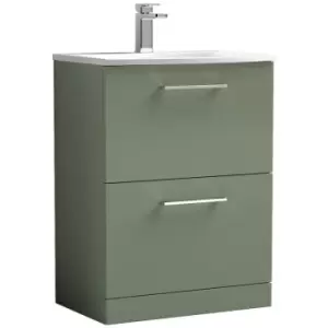 Image of Arno Satin Green 600mm 2 Drawer Vanity Unit with 30mm Profile Curved Basin - ARN833G - Satin Green - Nuie
