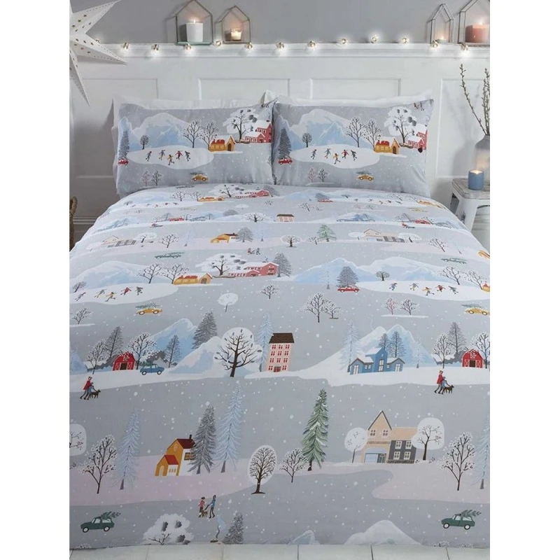 Image of Rapport Winter Town Christmas Duvet Cover Set in Grey Size: Single Grey Unisex Single