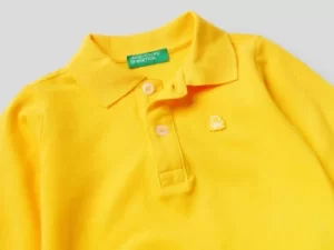 Image of Benetton, Long Sleeve Polo In Organic Cotton, taglia 74, Yellow, Kids