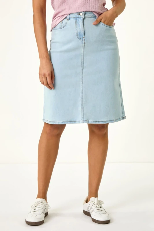 Image of Roman Womens Cotton Denim Stretch A line Skirt in Light Blue Size: 18 Light Blue Female 18