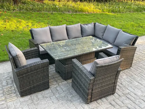 Image of Fimous 8 Seater Outdoor Dark Grey Mixed Rattan High Back Corner Sofa Set with Adjustable Table