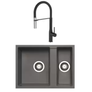 Image of Enza 1.5 Bowl Grey Granite Kitchen Sink & Black Pull Out Kitchen Mixer Tap