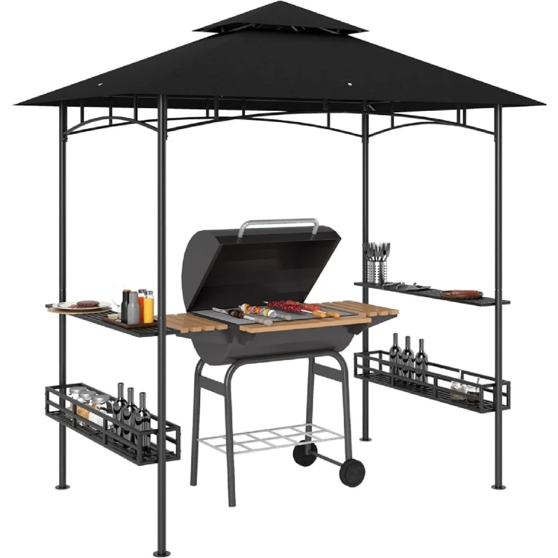 Image of Outsunny 8' x 5' Grill Gazebo Canopy with 2 Side Shelves, Hook, Dark Grey Dark Grey