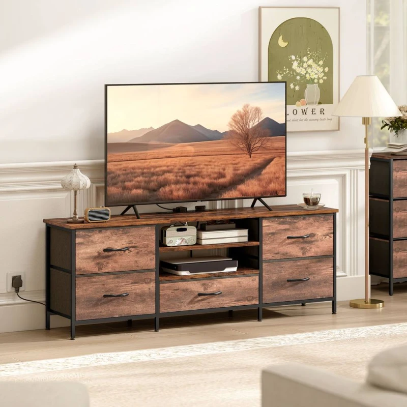 Image of HOMCOM TV Unit with Charging Station, TV Stand for TVs up to 65" in Brown Brown Unisex