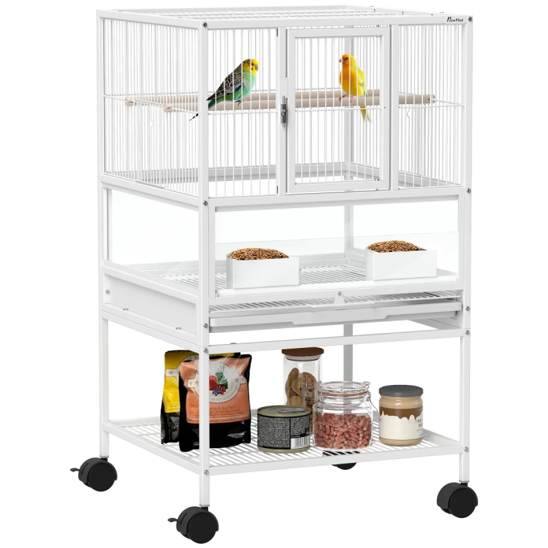 Image of PawHut Bird Cage Parrot Cage with Rolling Stand Acrylic Viewing Panels White D10-107V00WT