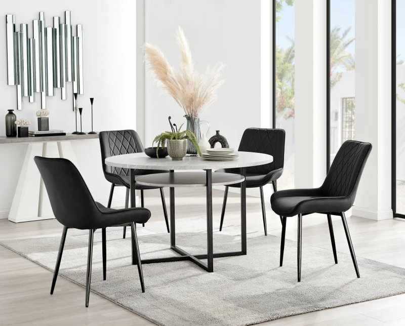 Image of FurnitureboxUK FurnitureboxUK Adley Grey Concrete Effect And Black Round Dining Table with Shelf and 4 Velvet Pesaro Dining Chairs Black One Size Unis