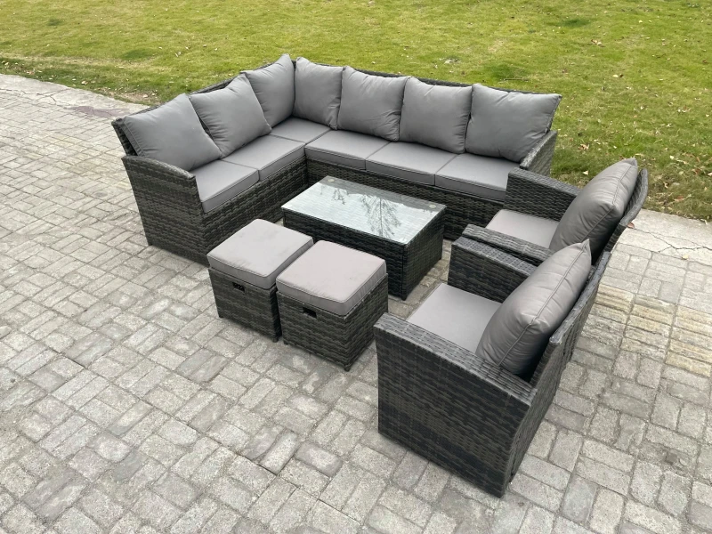 Image of Fimous 10 Seater Rattan Lounge Corner Sofa Set Wicker PE Outdoor Garden Furniture Set with Coffee Table 2 Small Footstools in Dark Grey Dark Grey Unis