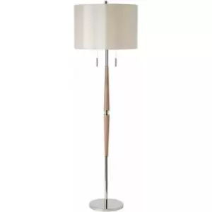 Image of Polished Nickel Floor Lamp - Decorative Wooden Stem - Requires 2 x E27 GLS Bulbs
