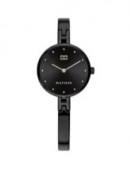 Image of Tommy Hilfiger Black Sunray And Rose Gold Detail Dial Black Ip Stainless Steel Bangle Ladies Watch