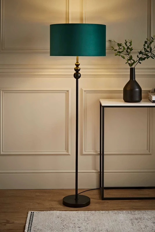 Image of ValueLights ValueLights Marissa Black Stacked Ball Floor Lamp with Velvet Drum with Gold Inner Shade in Bottle Green Bottle Green One Size Unisex 5059