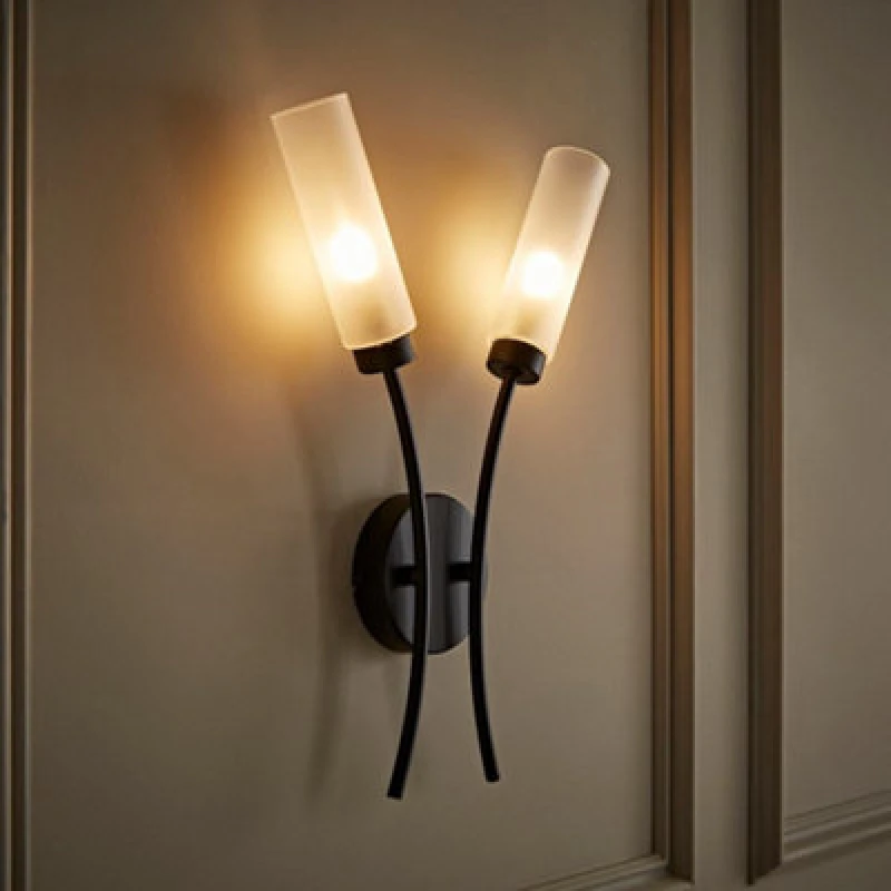 Image of ValueLights Maya 2 Way Curved Upright Reed Shaded Wall Light Black