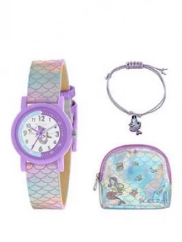 Image of Tikkers Tikkers White And Purple Dial Iridescent Mermaid Strap Kids Watch With Matching Purse And Bracelet Gift Set