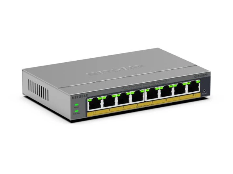 Image of Netgear Netgear GS108EPP Unmanaged Gigabit Ethernet (10/100/1000) Power over Ethernet (PoE) Desktop/Wall-Mounting Grey GS108EPP-100EUS