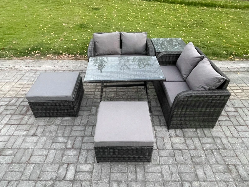 Image of Fimous Garden Furniture Sets 6 Seater Rattan Furniture Manual Wicker Patio Sofa Patio Conversation Set with 2 Big Footstool Side Table Dark Grey
