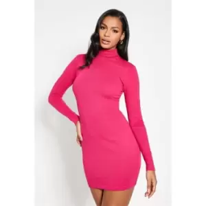 Image of I Saw It First Cotton Rib Long Sleeve Roll Neck Mini Dress - Pink