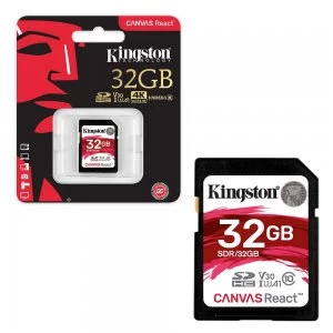 Image of Kingston SDHC UHS-I U3 Canvas React 100MB/s Class 10 V30 Memory Card - 32GB