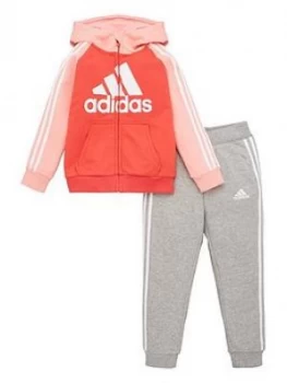 Image of adidas Young Girls 3 Stripe Hoodie Jogger Set - Pink, Size 5-6 Years, Women