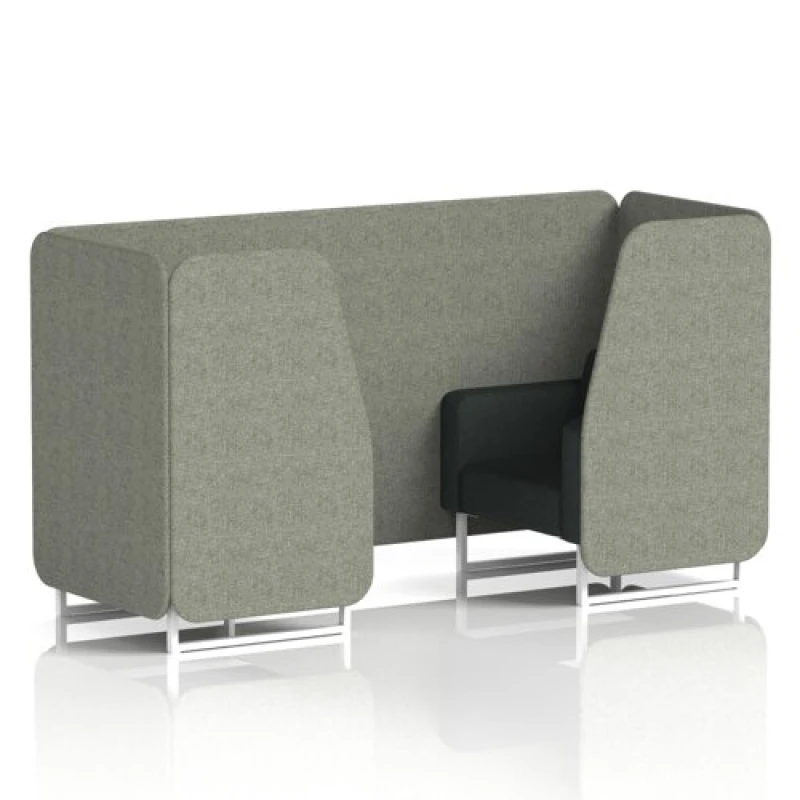 Image of Brixworth 2 Seater Office Booth with Front Panel - White Legs in Rivet Fabric - Vitreous Panels and Charcoal Sofa