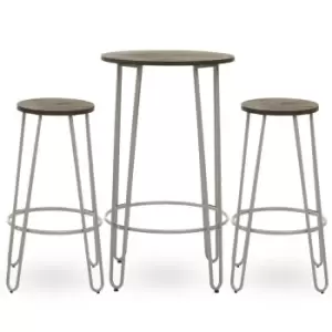 Image of Interiors By Ph 3 Piece Elm Wood Bar Table And Stool Set Grey Metal Frame