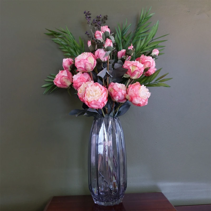 Image of Leaf 85cm Geometric Glass Vase Pink Peony and Berry Artificial Flowers