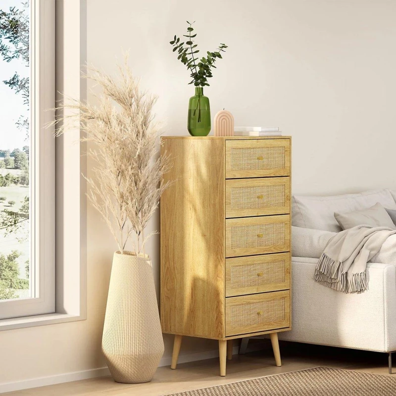 Image of VonHaus Sienna Rattan Tall Chest of Drawers Beige unisex One Size