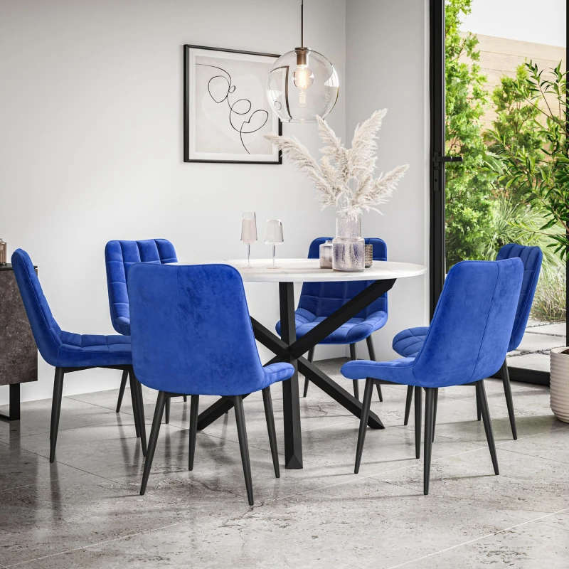 Image of More4Homes Malvern Round Dining Table And Chairs - Marble Table Top W Solid Black Oak Legs + Nova Velvet Dining Chair Set Of 6 (Blue)
