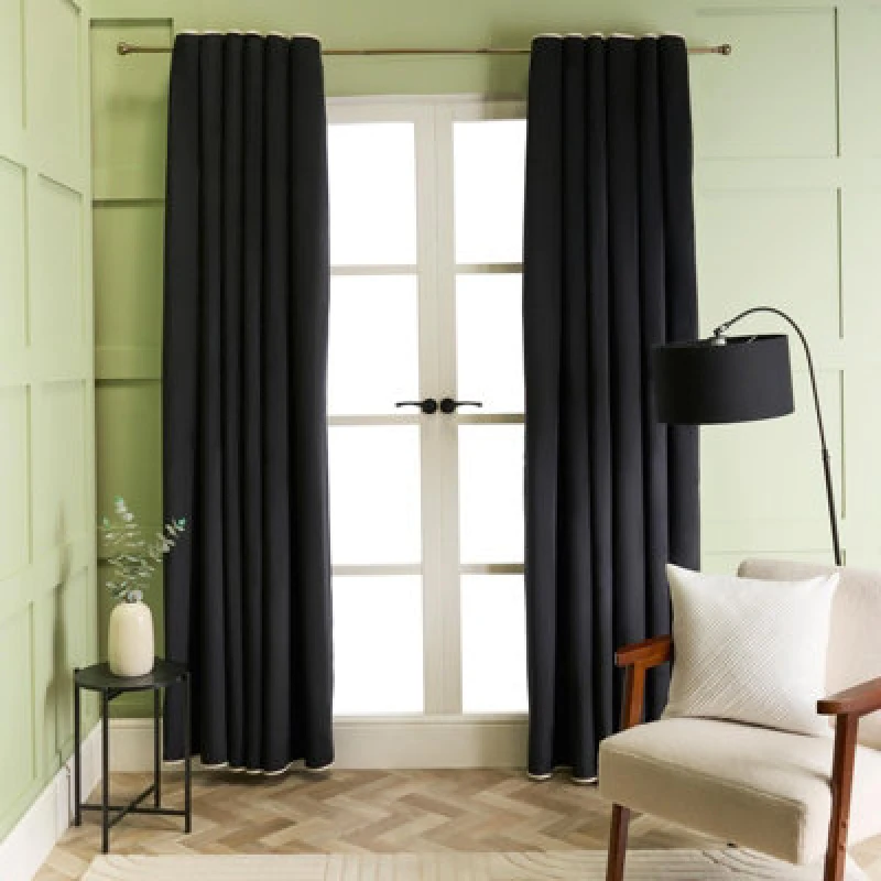 Image of OHS OHS Piped Edge Velvet Curtains Thermal Eyelet Blackout Size: 168cm width x 183cm drop Black 168cm width x 183cm drop Unisex 5027434232147