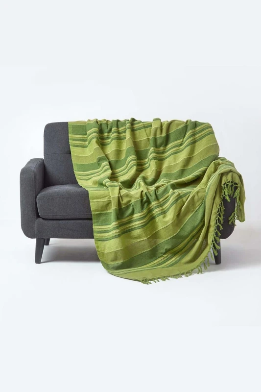 Image of Homescapes Cotton Morocco Striped Green Throw, 255 X 360 Cm