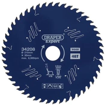 Image of 34208 Expert TCT Circular Saw Blade for Wood with PTFE Coating 210 x 30mm 48T - Draper