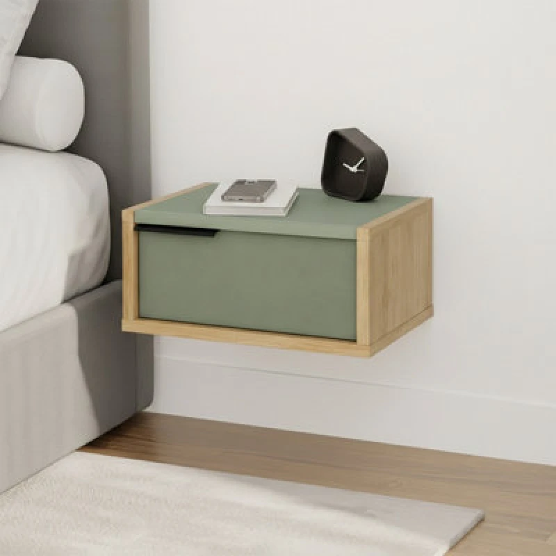 Image of Decortie Eco Floating Bedside Table W/drawer Modern Nightstand Wall-Mounted Space Saver Metal Handle Bedroom Ash Green, Oak