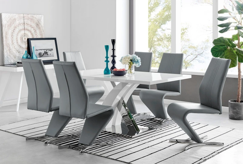 Image of FurnitureboxUK FurnitureboxUK Atlanta Modern Rectangle Chrome Metal High Gloss White Dining Table And 6 Willow Chairs Set in Grey Grey One Size Unisex