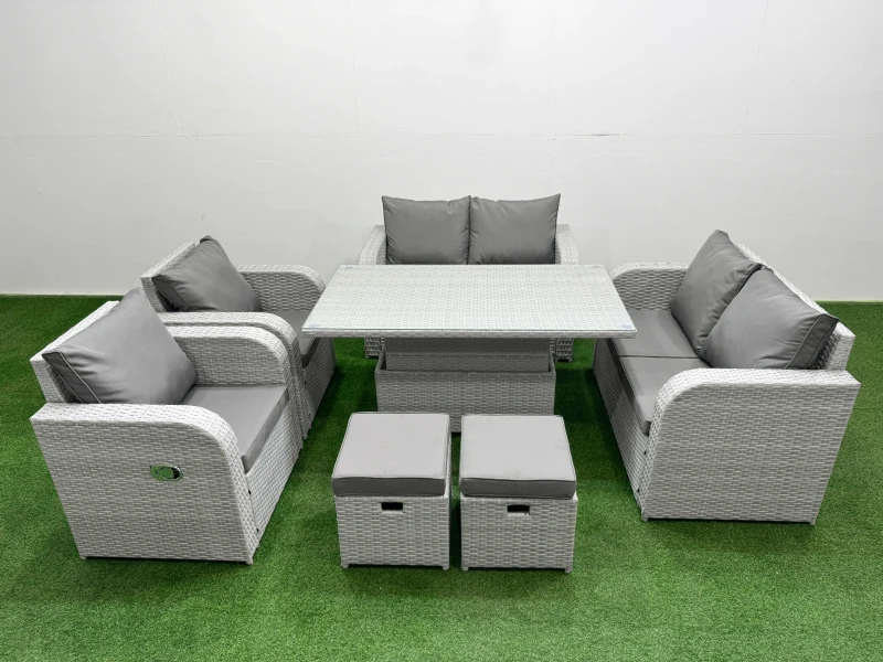 Image of Fimous 8 Seater Outdoor Reclining Chair Love Sofa Set Rattan Garden Furniture Set with Adjustable Lifting Dining or Coffee Table 2 Stools Light Grey L