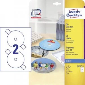 Image of Avery-Zweckform CD labels J8676-25 Ø 117mm Paper White 50 pcs Permanent Photo quality, Opaque, Fully writable, Smearproof Inkjet