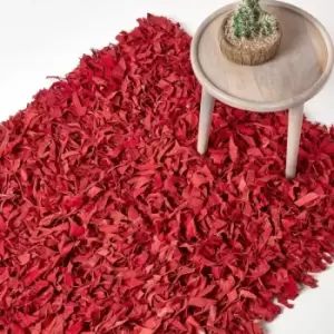 Image of HOMESCAPES Dallas Leather Shaggy Rug Red, 120 x 180cm - Red