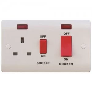 Image of ESR Sline 45A White 2G Double Pole 230V Electric Wall Plate Cooker Switch and 13A Socket with Neons