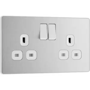 Image of BG Evolve Brushed Steel (White Ins) Double Switched 13A Power Socket in Silver
