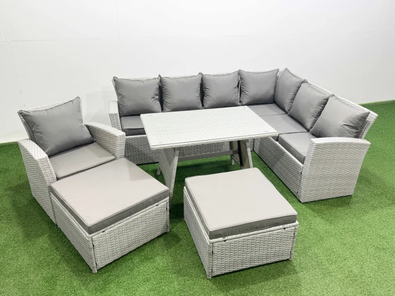 Image of Fimous 9 Seater Garden Outdoor Rattan Furniture Set Rattan Corner Sofa in Light Grey Light Grey Unisex